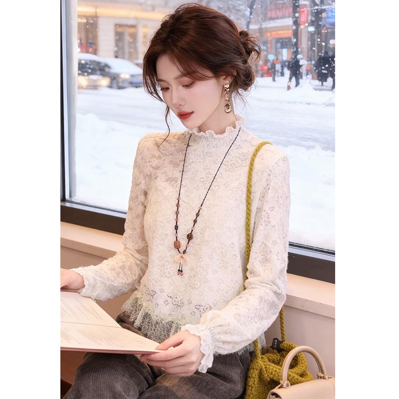 Velvet Lace Half-High Neck Knit T-Shirt - Winter Women s Versatile Base Layer 3XL (for 145-155 lbs)
