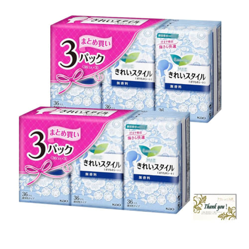 Unscented Kirei Style Panty Liners, 36 Sheets Per Pack (2 Packs X 3) - 216 Sheets Total - Includes Thanks Card - Great Value Bundle