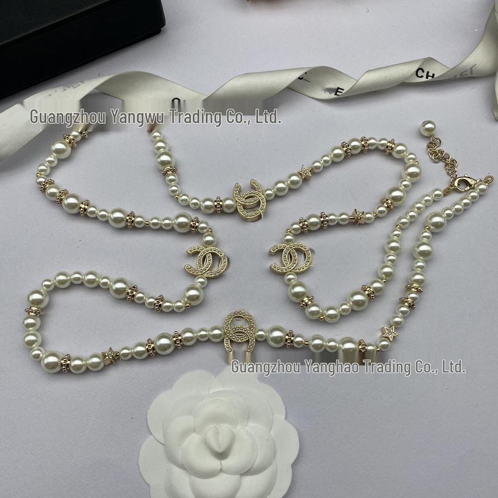 Seiko Women's High-Quality Double C Diamond Star Pearl Sweater Necklace