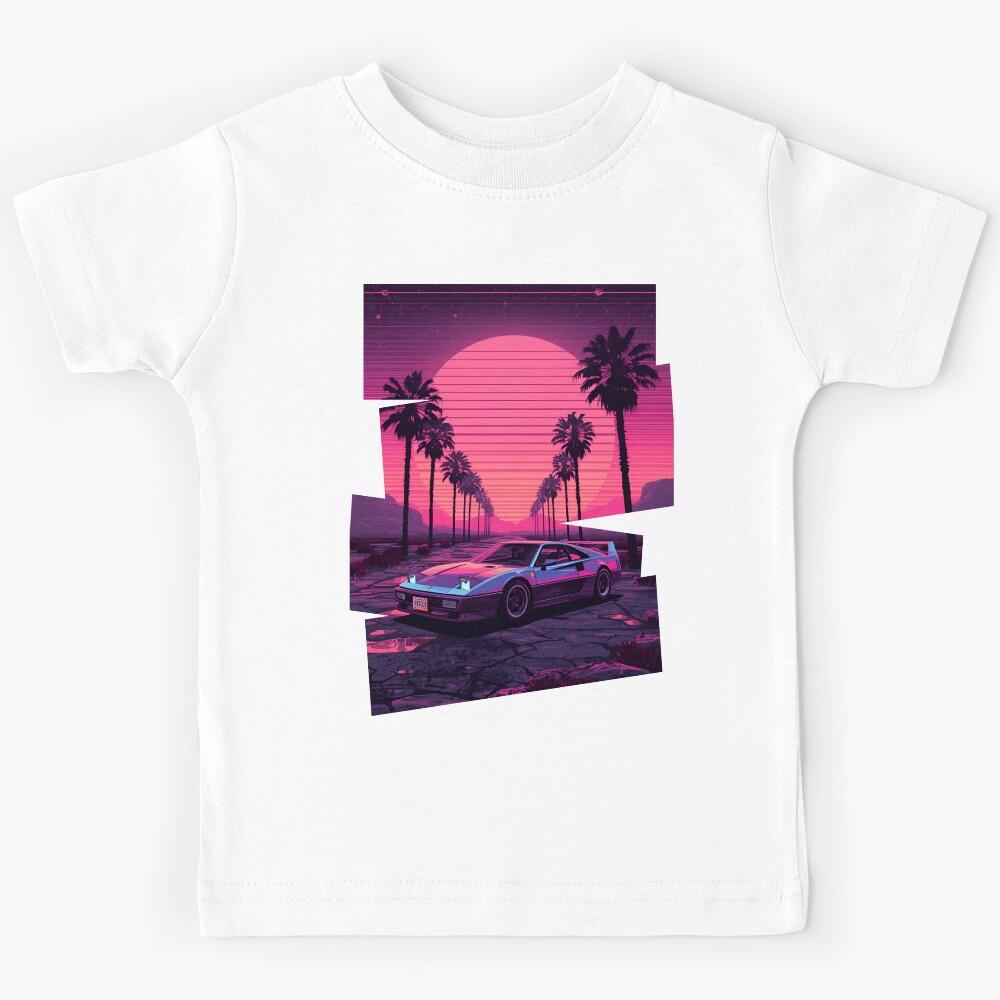 Ferrar F40 80s retro-futuristic landscape with palm trees and a sports car neon colors 7 Kids T-Shirt 160