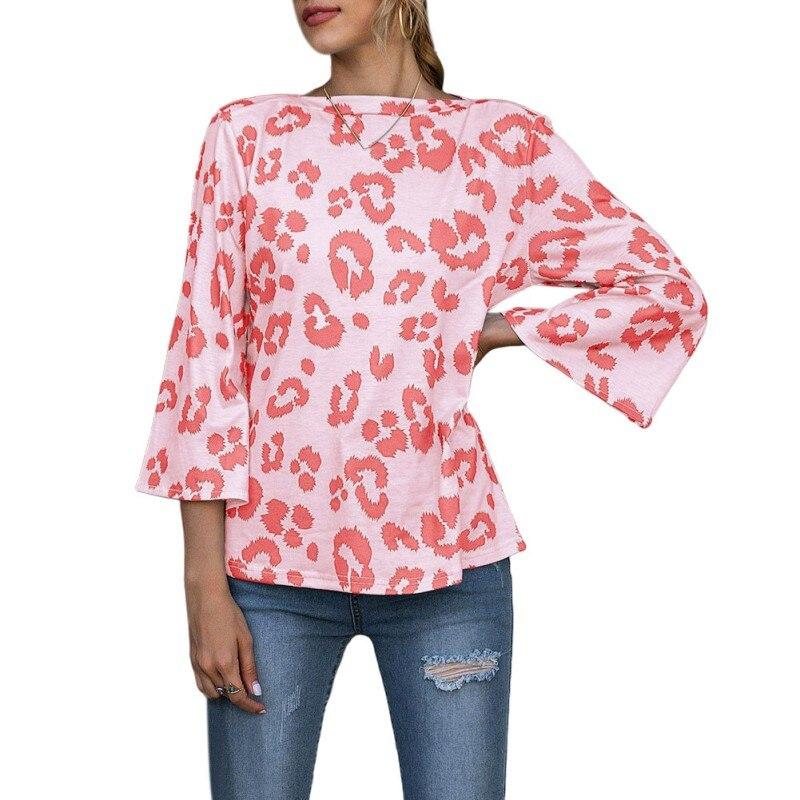 Summer Explosion Models Leopard Print Round Collar Nine Points Trumpet Sleeve T-shirt