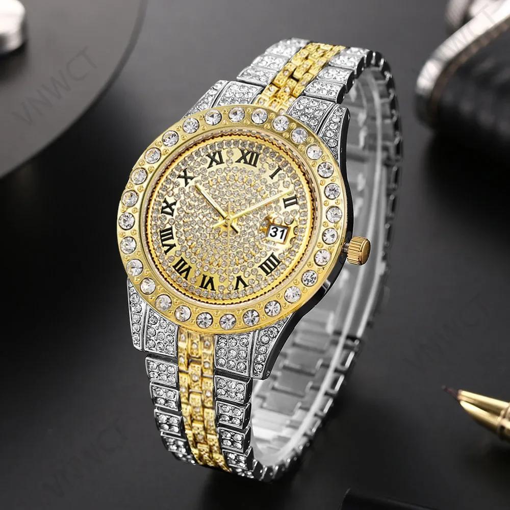 Luxury Men Watches Diamond Golden Watch Ladies Wrist Watch Rhinestone Hip-hop Diamond Bracelet Watch male Clock Relogio Feminino