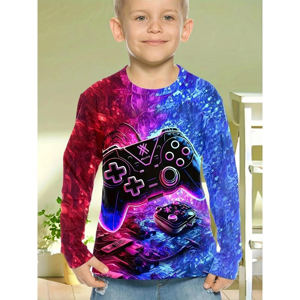 Spring and Autumn Round Neck 3D Gamepad Pattern Printed Top Fashionable Casual Long Sleeved Children's Boy T-shirts