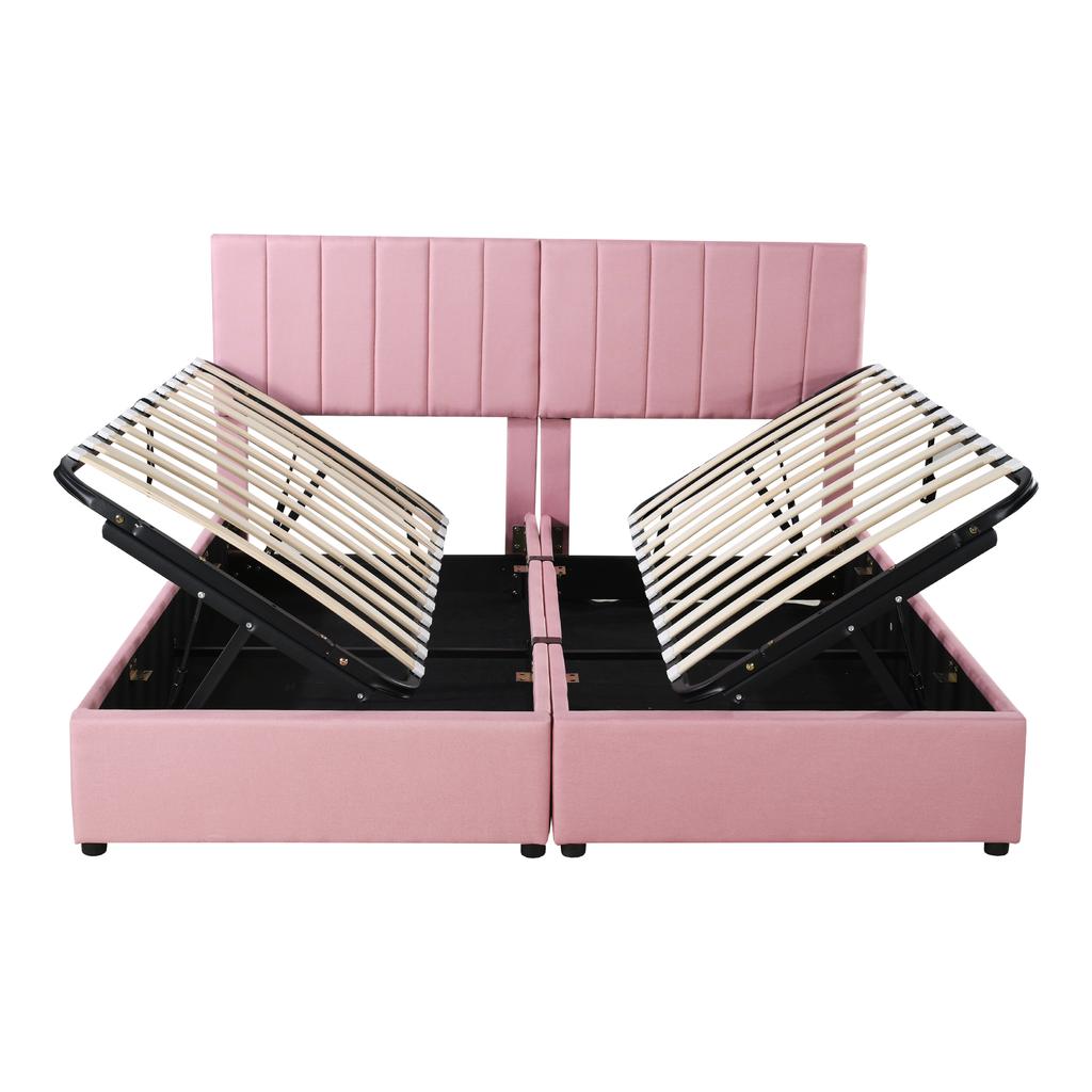 Upholstered Bed 180x200 cm, Hydraulic Storage Bed, Skin-Friendly Linen High Box Bed, Multifunctional Double Bed, Pink