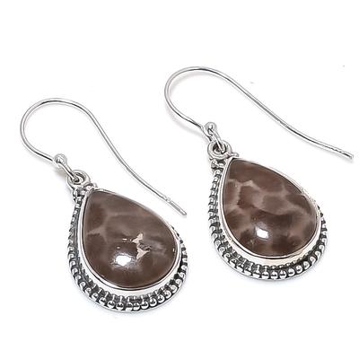 Natural Fossil Coral Gemstone 925 Solid Sterling Silver Gift Earring 1.25" T1q21