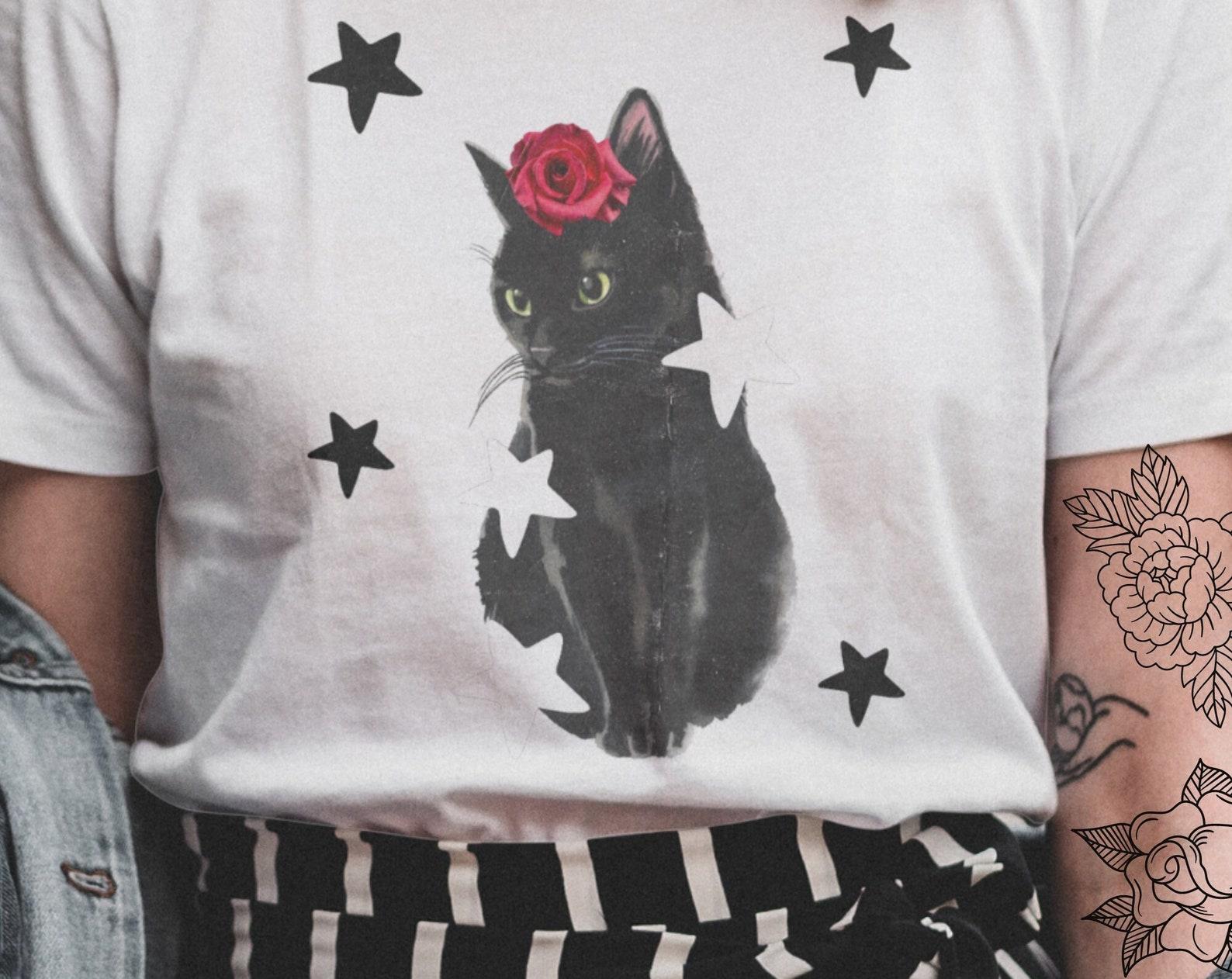 Gothic Black Cat T-shirt, Red Rose, Witchy Style M