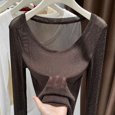 Hochwertige Helle Seiden-Basisshirt Damen Herbst 2025 Dünnes Gaze Durchsichtig Tief ausgeschnitten Innen Glänzendes Netzblusentop
