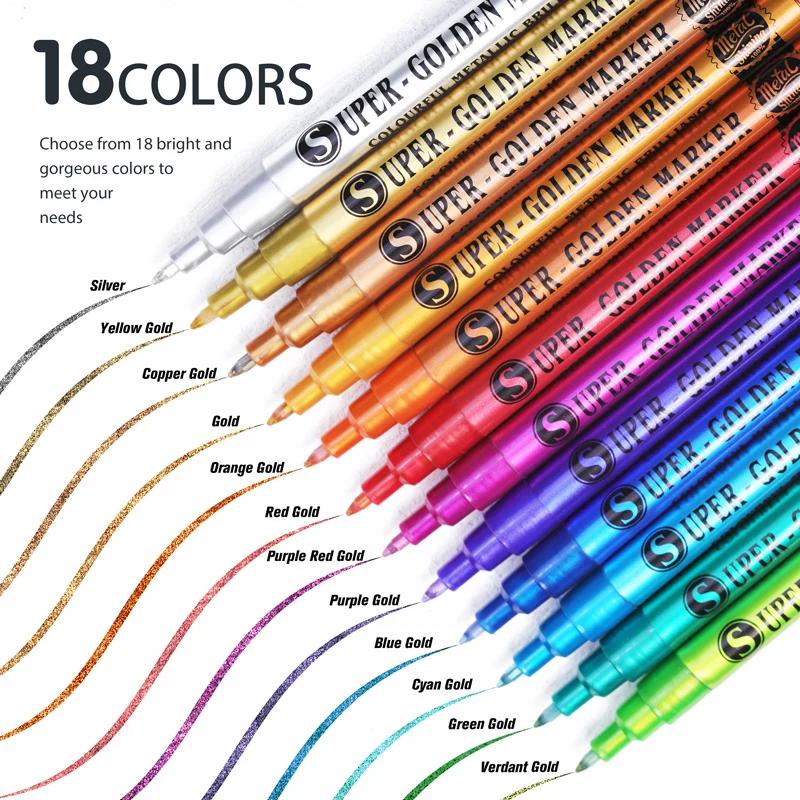 18Color Metallic Paint Pens 07mm Glitter MarkersSuper Golden Acrylic Markers for Rock Painting Stone Ceramic Fabric Pebbles