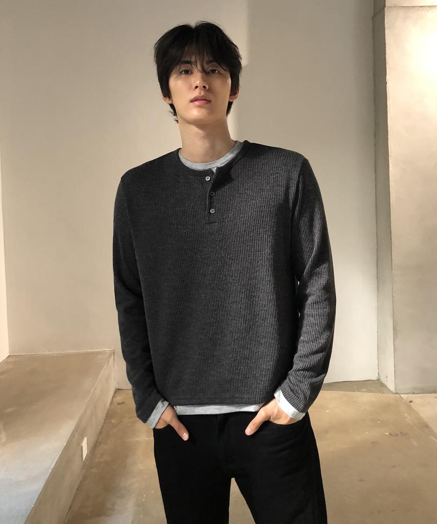 THEY Layered Ribbed Henley Neck T-Shirt_4 Color
