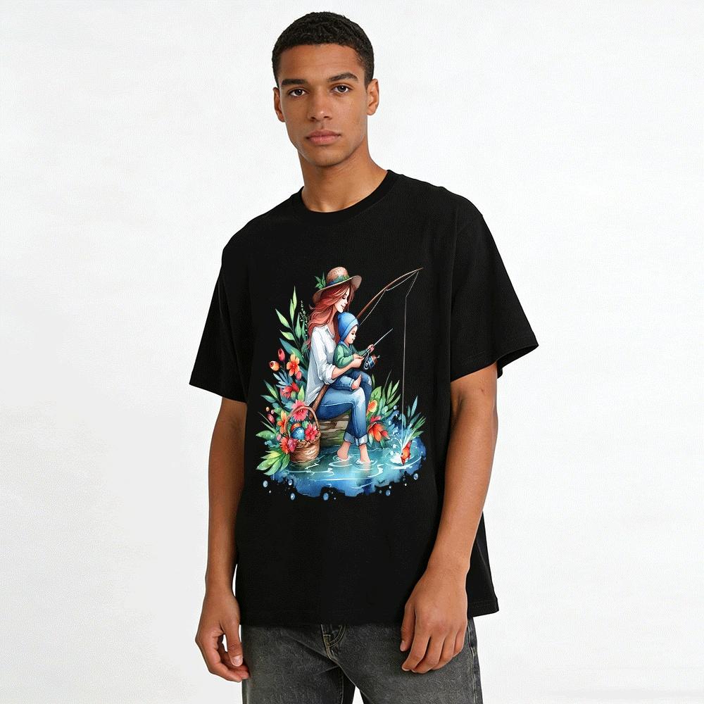 Warm Parent-Child Fishing Time Printed Casual Top Pure cotton T-shirt