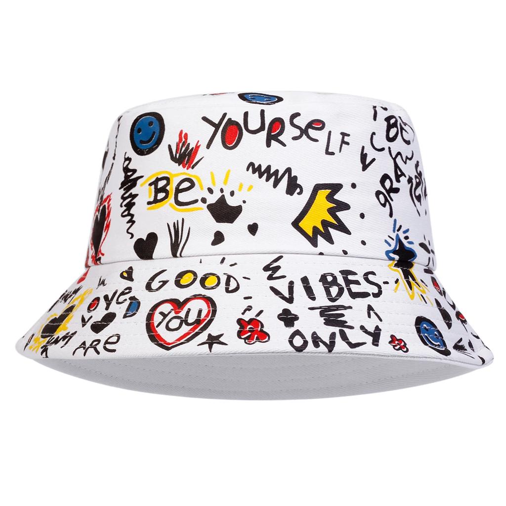 Unisex Lächelnde Krone Graffiti Print Persönlichkeit Eimerhüte Fischerkappen Outdoor Freizeitkappe Sonnenschutzhut