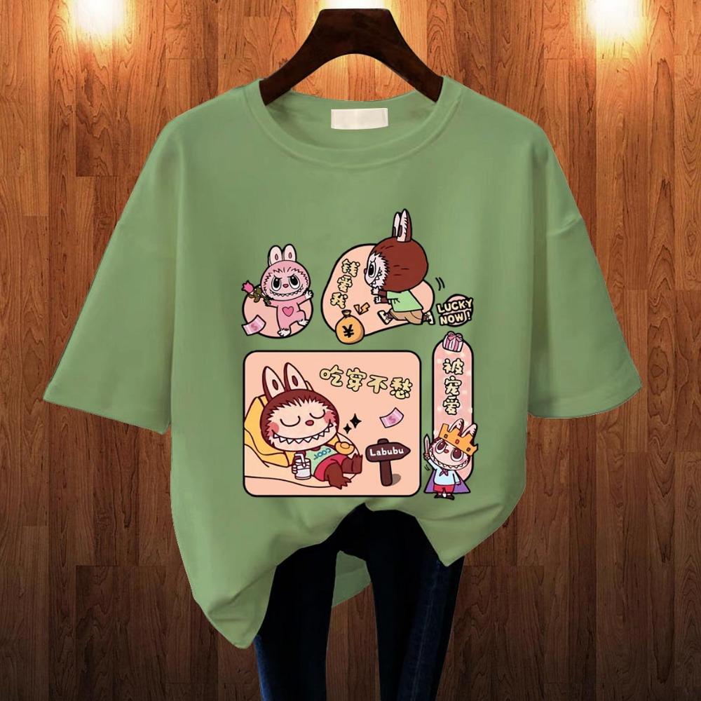 

2025 Popular Children s Clothing Short Sleeved LABUBU Rest Holiday Pattern Round Neck T-shirt Cartoon Style Girl s Top 110