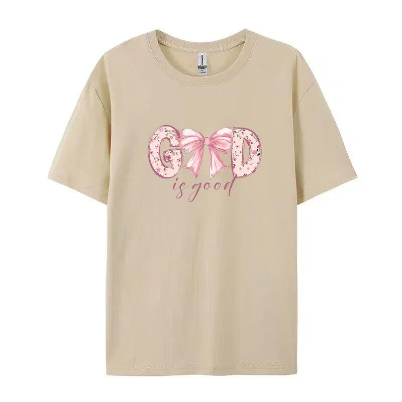 Unisexs Cotton Short Sleeve Tshirt God Is Good Graphic Christian Jesus Bible Verse Bow Print Female Christian Clothing
