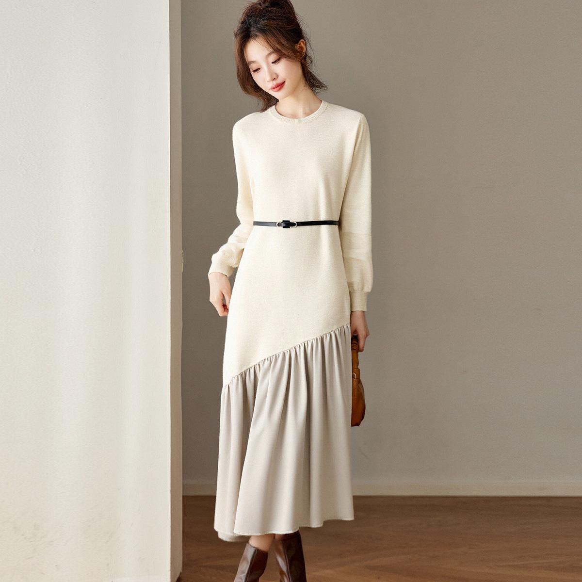 

Chic French Patchwork Knit Dress for Women - Autumn/Winter 2025 Slimming Wool Base Layer with Tie-Up Detail XL абрикосовий