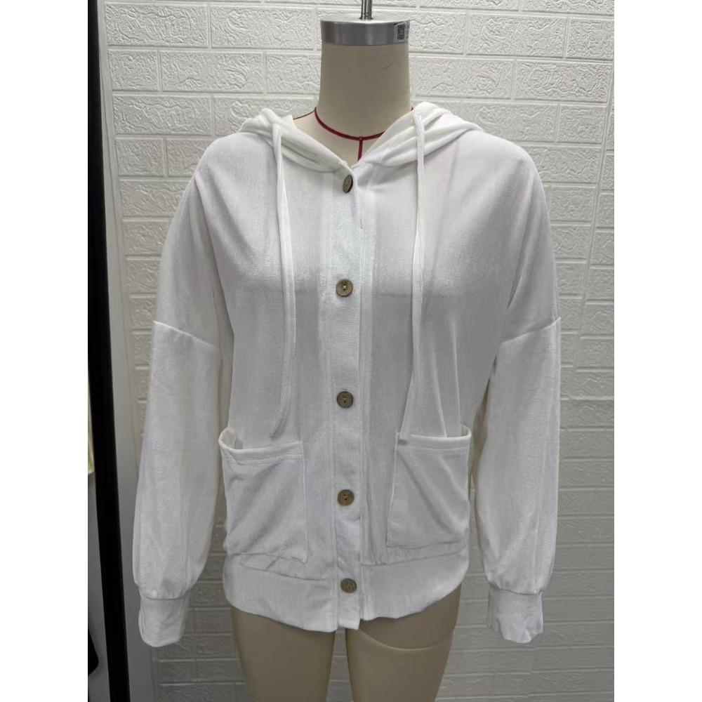 Autumn Winter Solid Color Casual Fashion Button Hooded Gold Velvet Long Sleeve Cardigan Coat Women
