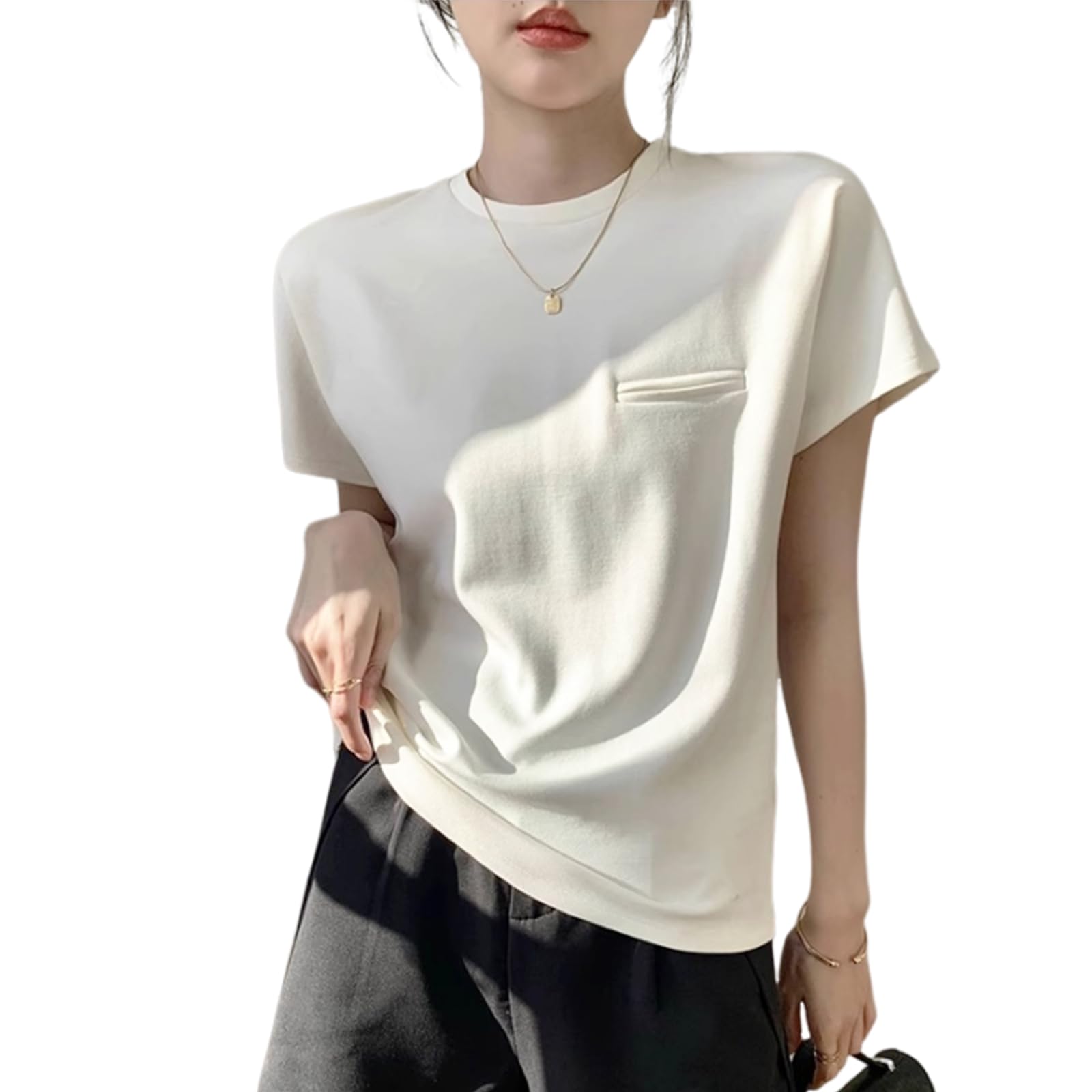 

Короткий французский круглый короткий рукав прикрывает тело повседневная летняя одежда [Leadamon-oee] Женская футболка, Рукав, Рукав, Топ, Лето, Шея, Футболка, Однотонный, белый