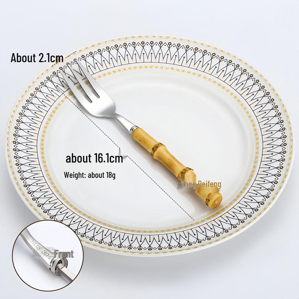 304 Stainless Steel Bamboo-Handled Knife Fork Spoon Set for Hotel Tableware and Western Food, Thickened Dessert Spoon and Steak Knife Fork.