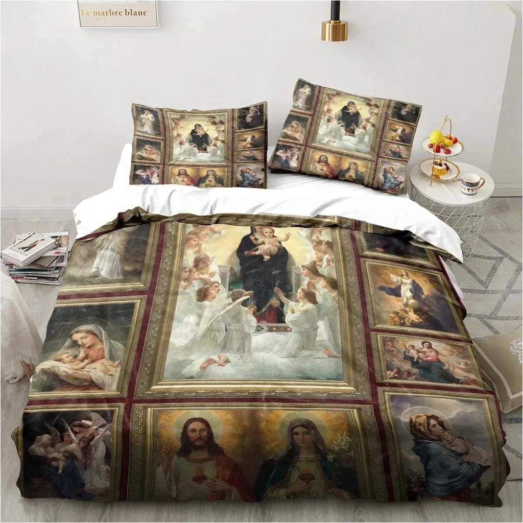 Set di biancheria da letto religiosa cristiana con scritta Jesus Christ Church Mary, copripiumino, set di copripiumino, federa, trapunta king size queen size
