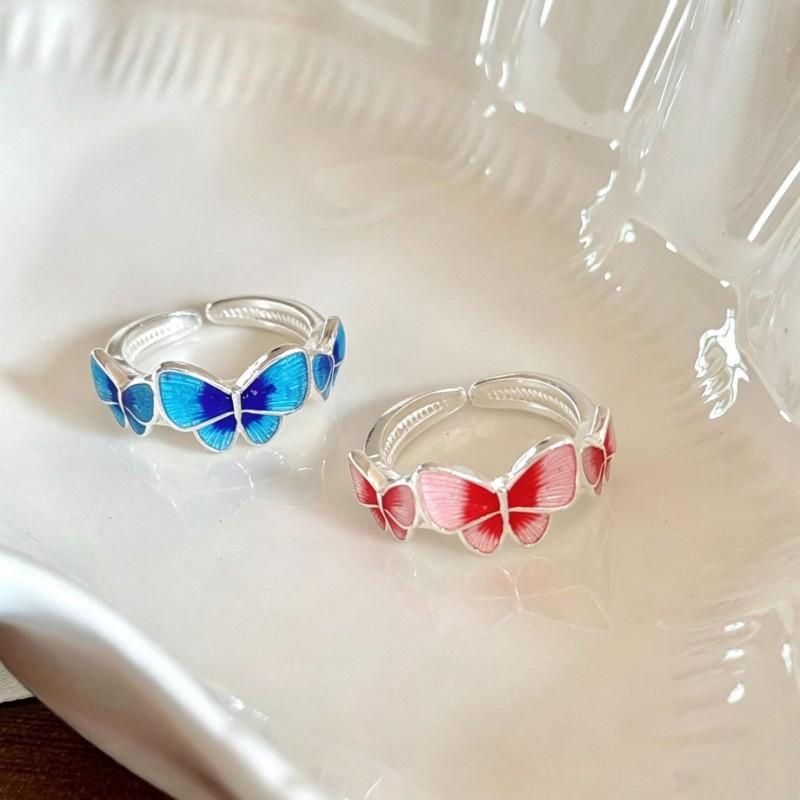 Adjustable Open Butterfly Enamel Ring Women Vintage Boho Style Copper Jewelry Minimalist Statement Accessory