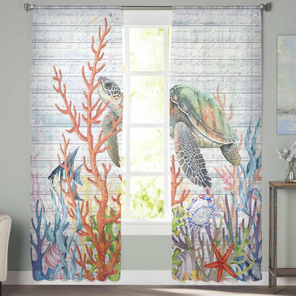 Turtle Coral Fish Starfish Crab Tulle Window Curtains for Bedroom Luxury Home Decor Drapes in Living Room Chiffon Panels