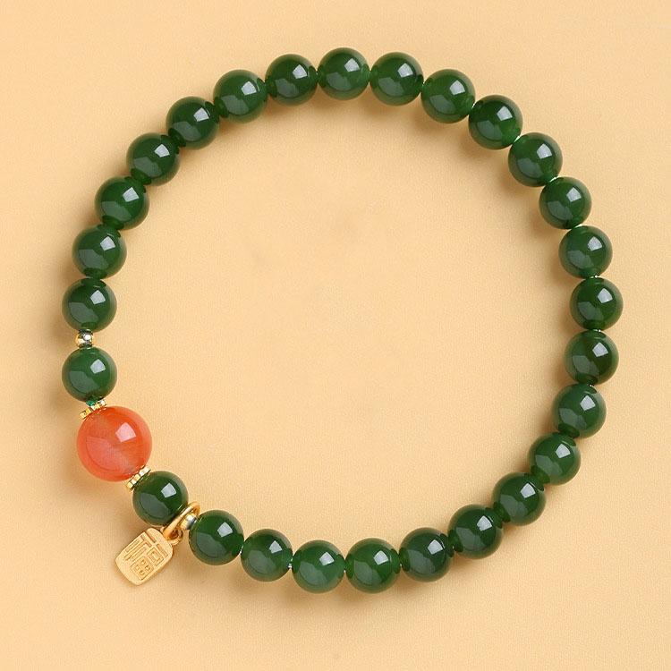 Green Agate Bracelet with Red Bead Charm Natural Stone Beads Stretch Bracelet for Women Jewelry 8mm