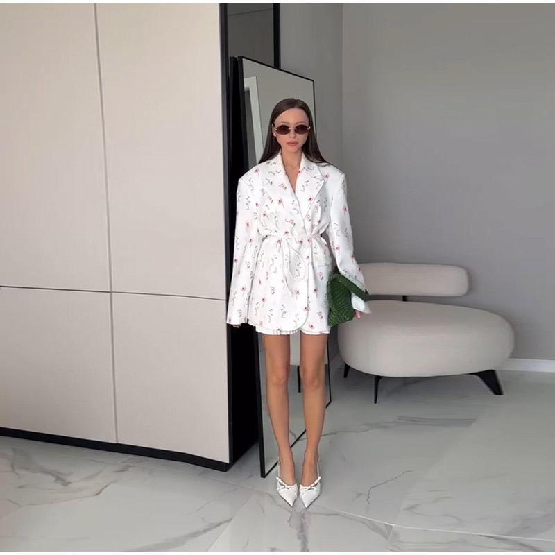 Women's Spring/summer 2025 New Fashion Printing Loose Suit Collar Lace-up Waist Suit Jacket