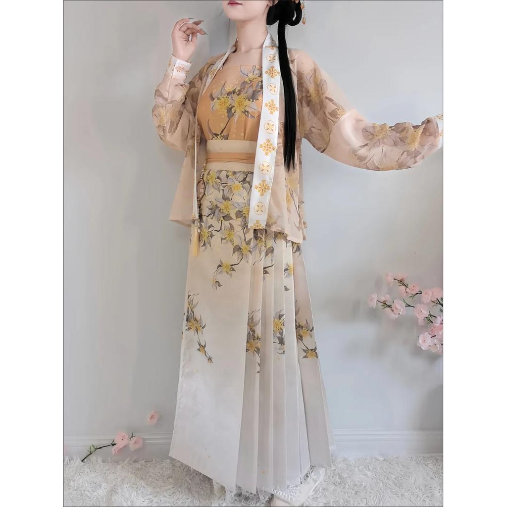Chinese Ming Dynasty Style horse-face  Skirt Osmanthus Print Daily Suit For Women
