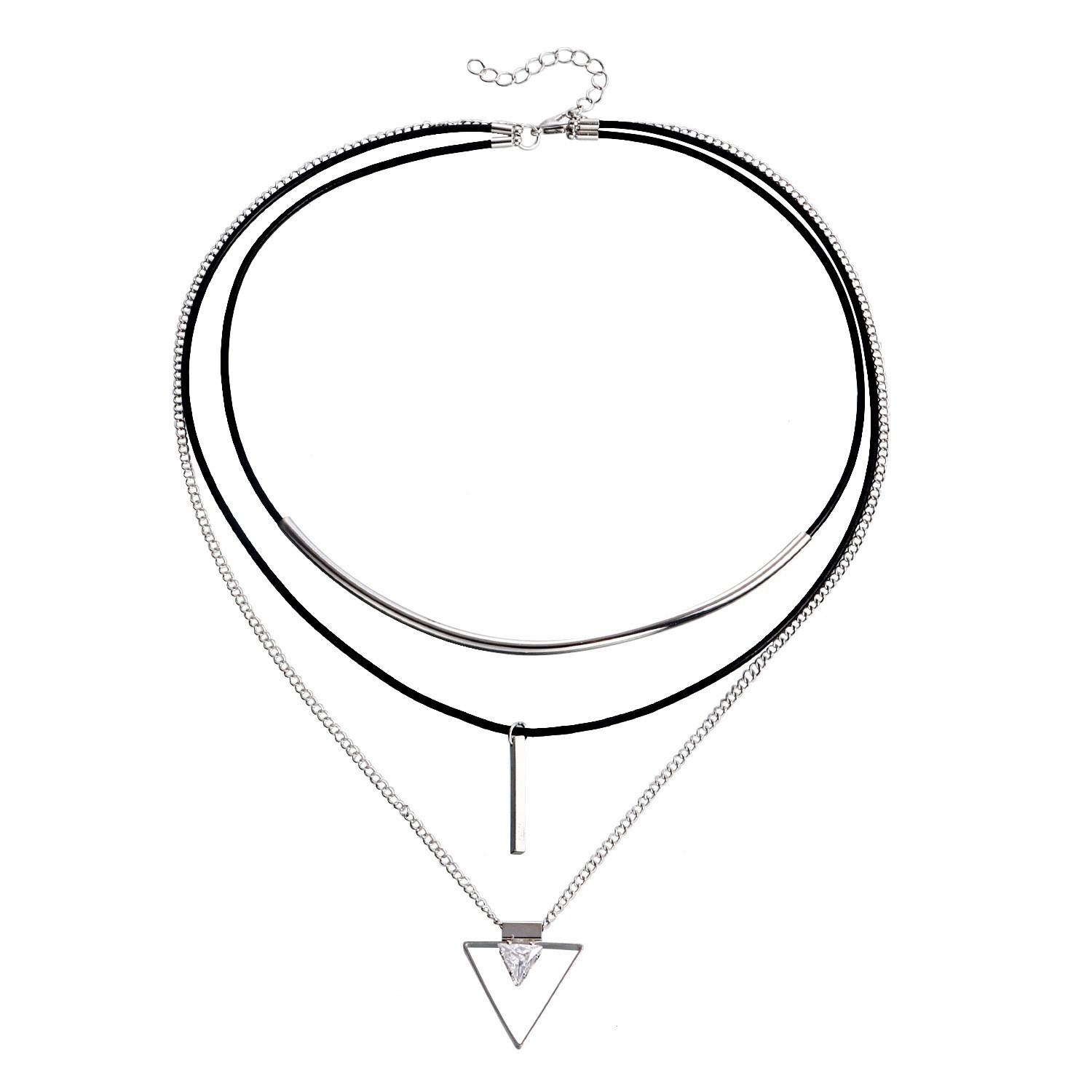 

Stacked multi-layer cowhide rope geometric triangular zircon pendant necklace versatile collarbone necklace