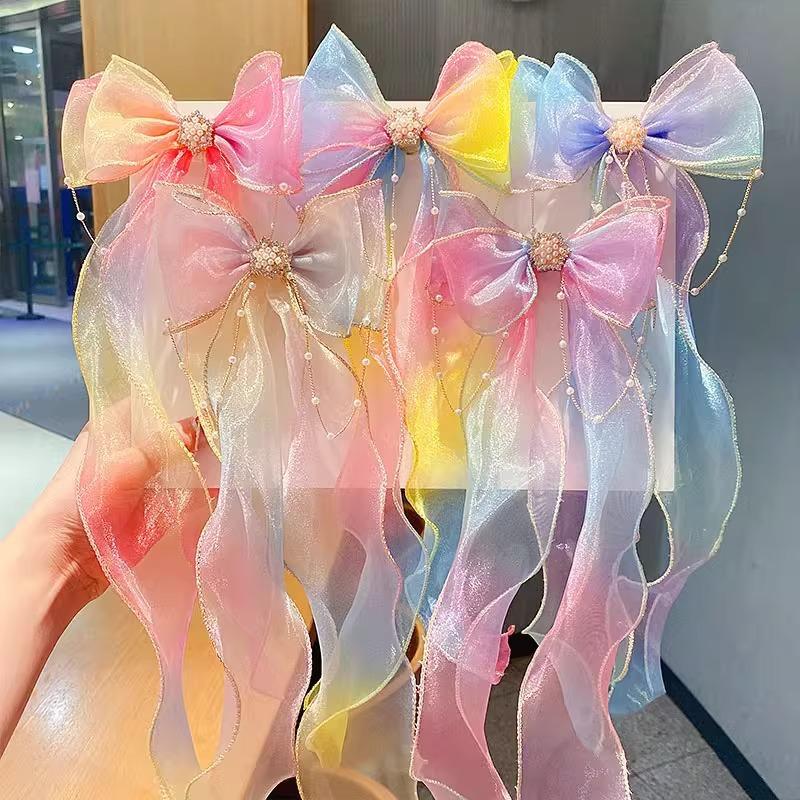 Super Fairy Bow Headwear  Hair Band Girls' Hair Tie  Hair Ribbon  Pearl Tassel  Braid  Hair Clip  Girls' Hair Accessory  Children's Hair Clip