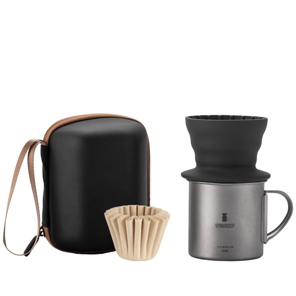 Vandroop Coffee Dripper Titanium Cup Camping Gear Outdoor Coffee Dripper Set for Camping Reusable Coffee Hand Drip V60 Percolator with Storage Bag