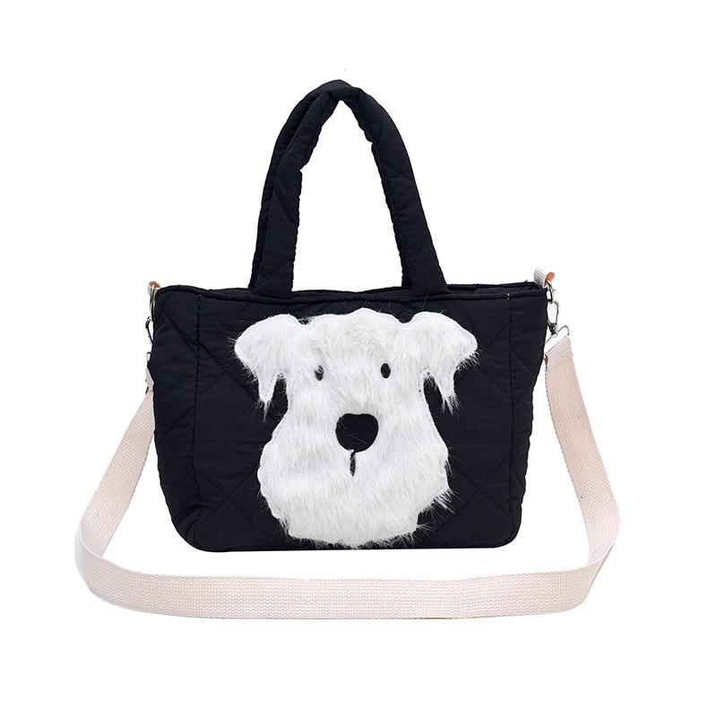 Adorable Cartoon Bear Cotton Fabric Handbag For Kids Stylish Crossbody Bag In Soft Colors Black