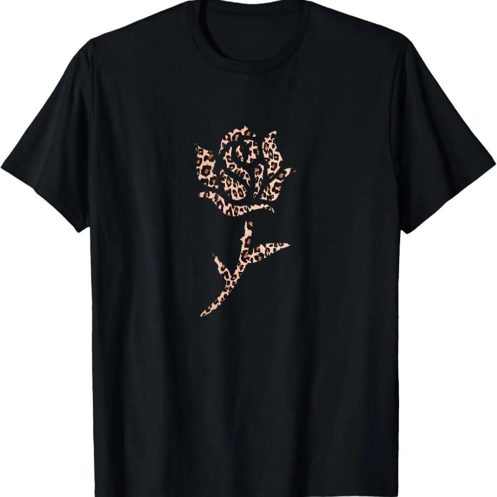 

Animal Print Leopard Print Rose with Stem Design T-Shirt XXXL чёрный