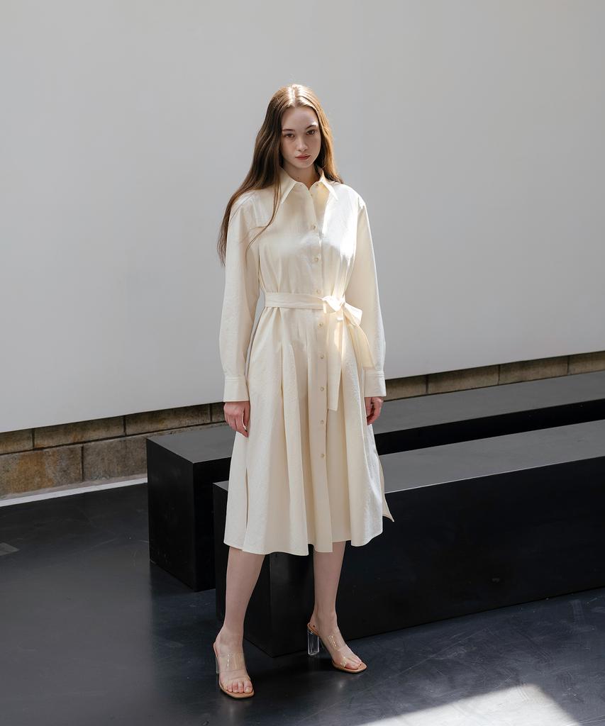 YOUNESS Ivory Tuck Pleated Shirt Dress