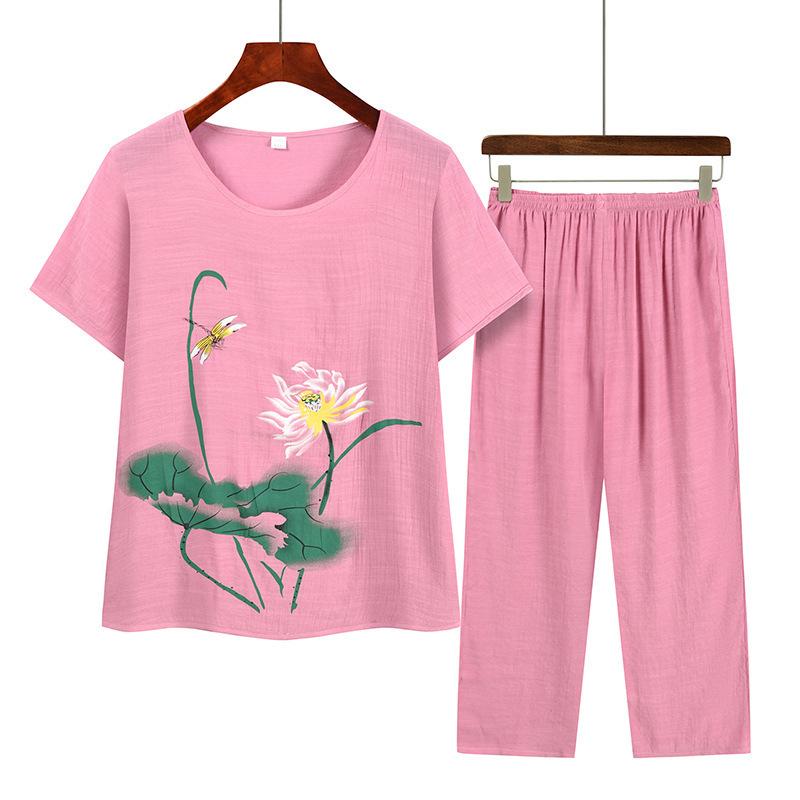 Women Summer Short Sleeved Suits Flower Printing Plus Size Pajamas Nightwear