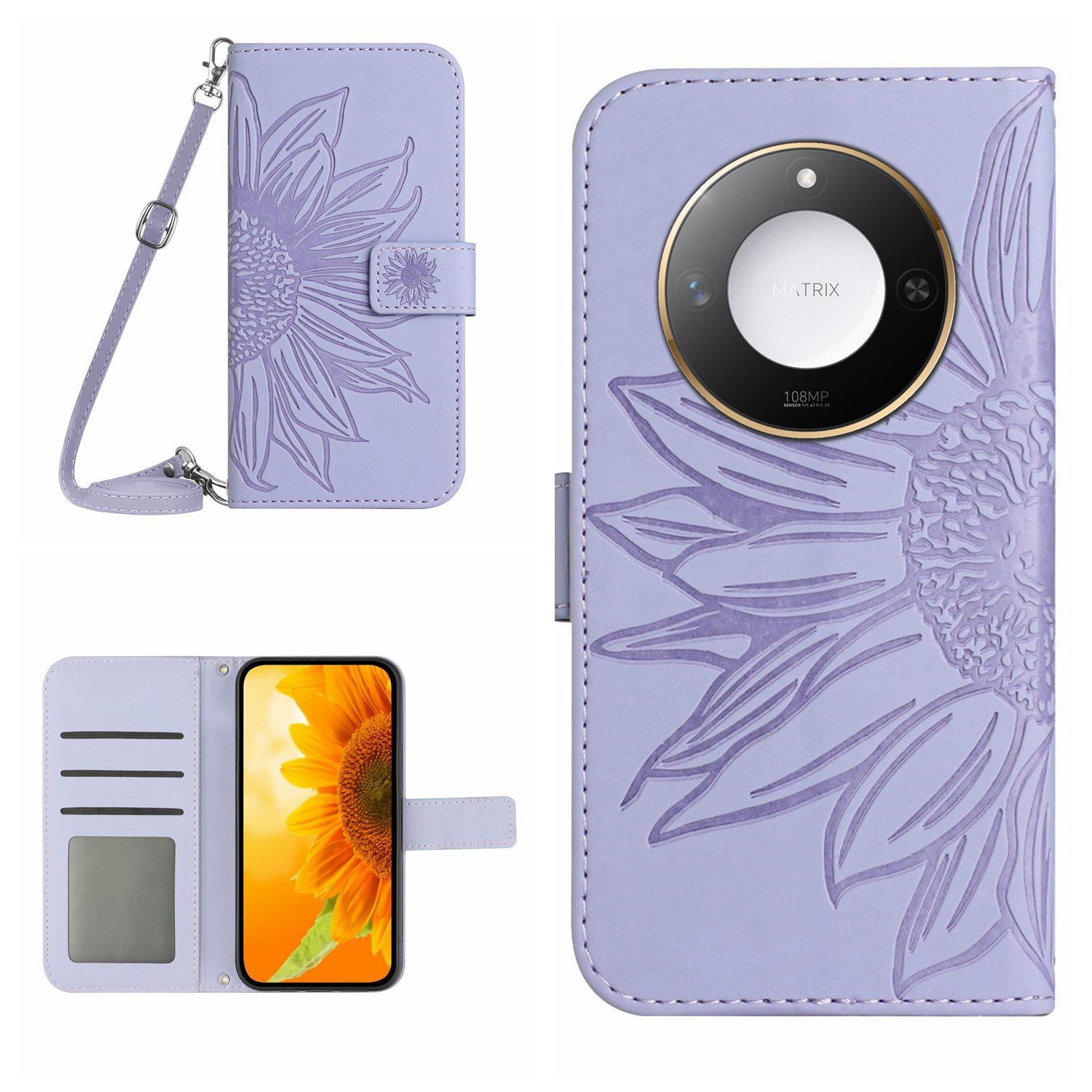 

For Honor X9c Smart 5G Case Sunflower Imprint PU Leather Phone Cover with Long Strap Light Purple