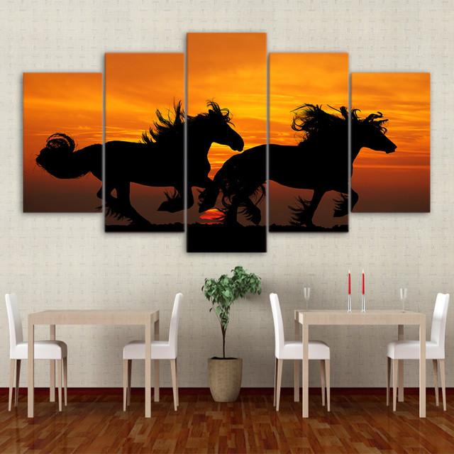 Stampa HD Tela Pittura 5 Pezzi Animale Cavallo Bastone Sul Muro Per Soggiorno Decorazione Della Casa Quadro Modulare Immagine