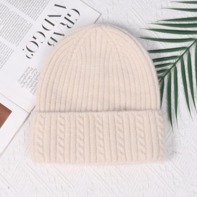 Angola rabbit fur warm solid color light board autumn and winter versatile candy color vertical stripe knitted hat women