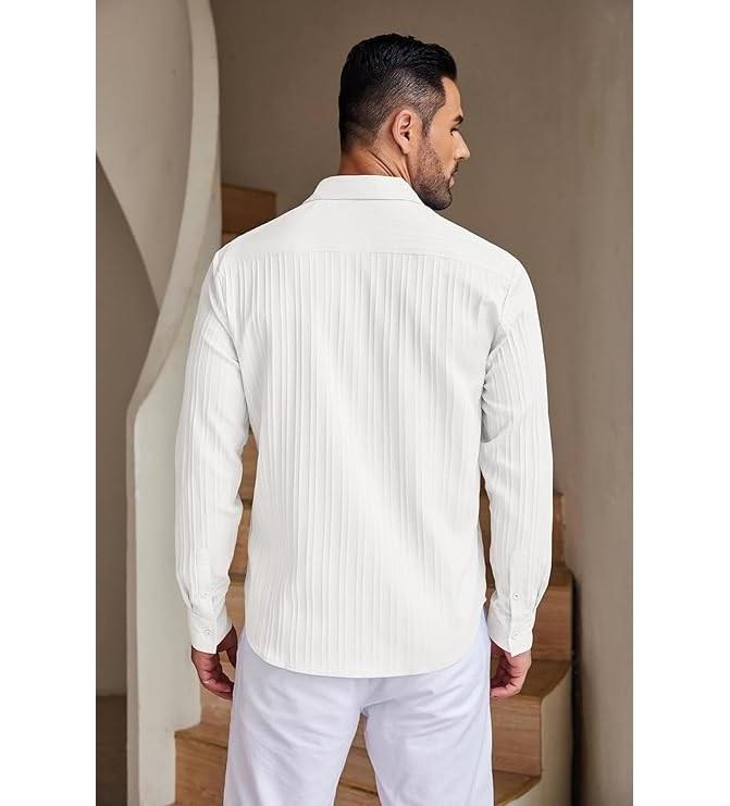 Men's Casual Button Down Shirts Long Sleeve Linen Shirt Fashion Textured Beach Summer Shirt
