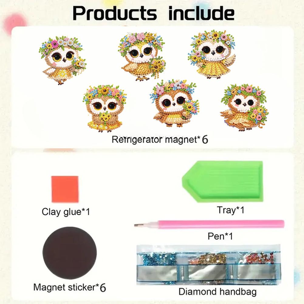 6Pcs DIY Fridge Stickers Acrylic 2D Flat Animal Diamond Art Fridge Magnet Diamond Painting Fridge Magnet for Adults Beginners