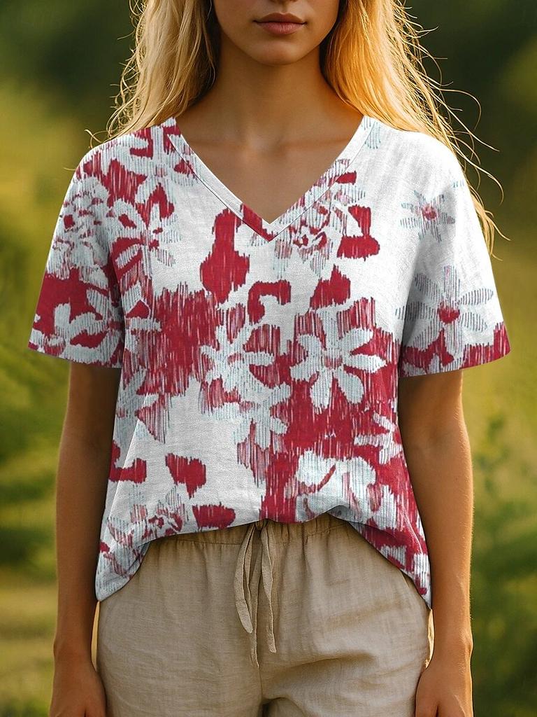 Summer Women's T-Shirt Bohemian Style 3d Print Casual Short-Sleeved V-Neck Loose Women's Clothes