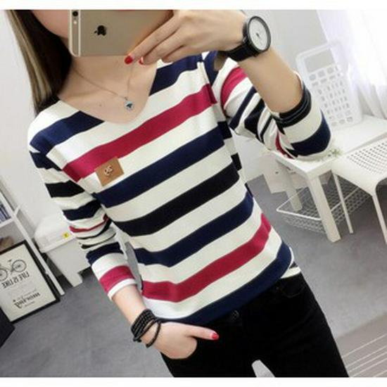 Autumn Korean Long Sleeve Loose Striped T-Shirt for Women Large