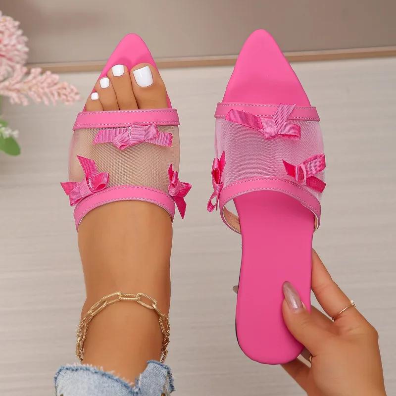 Pointed Toe Women's Slippers Flats Bow Sandals Summer Woman Shoes 2026 New Beach Flip Flops Designer Walking Zapatillas De Mujer