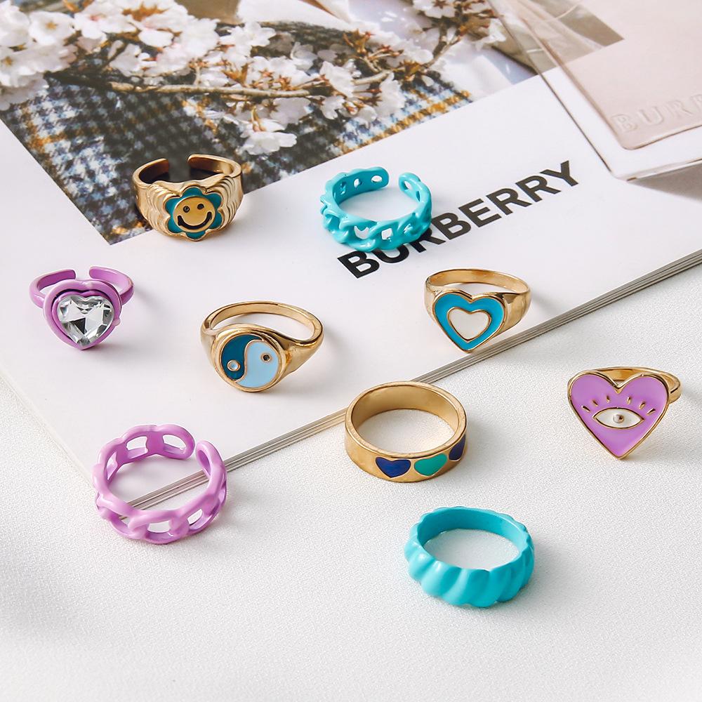 Personalized Color Oil Drop Ring, Fashionable And Colorful Sunflower Smiley Face, Love Diamond-Set Simple Ring