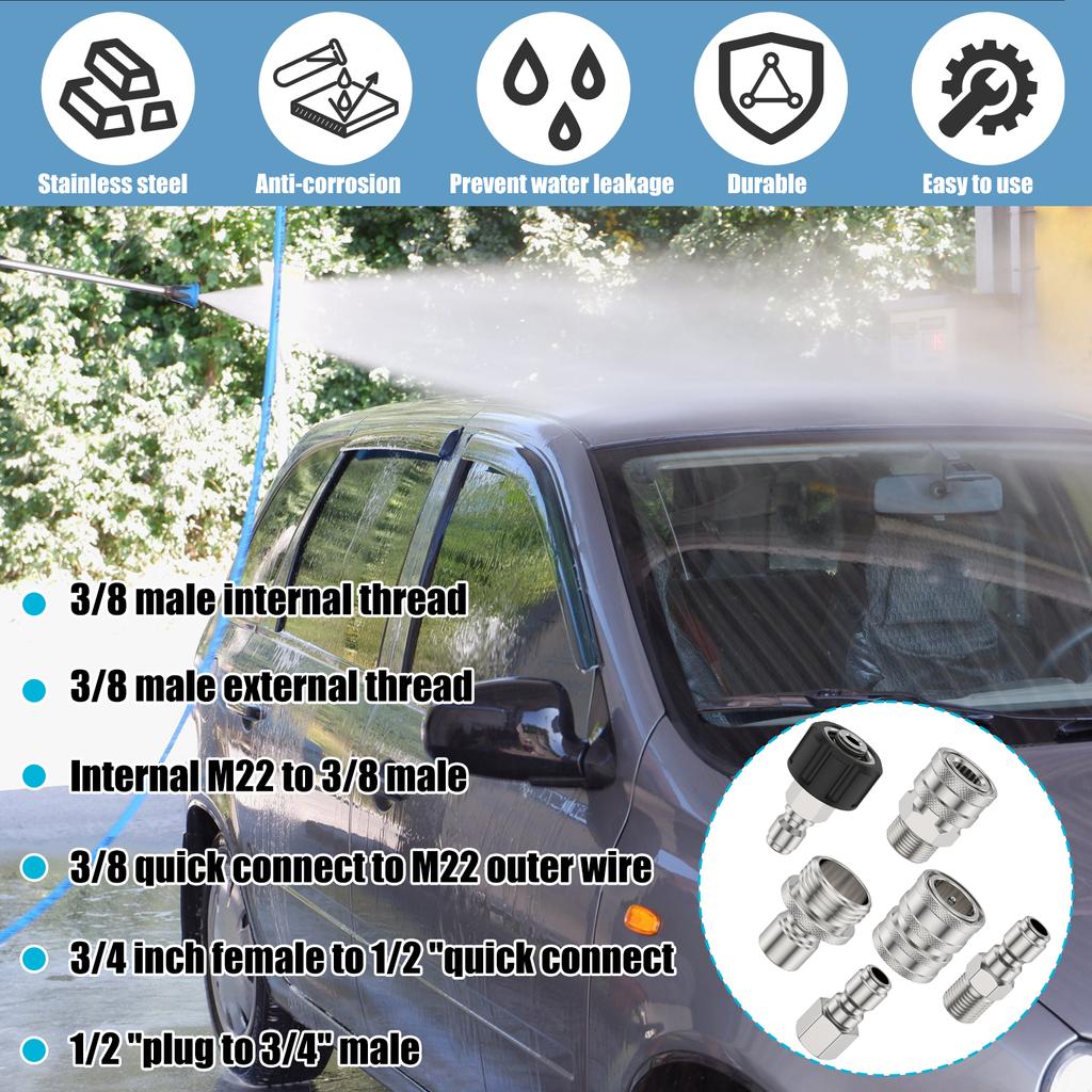 10Pcs Pressure Washer Adapter Set Stainless Steel Quick Connect Fitting M22-14 To 3/8inch Quick Disconnect Kit