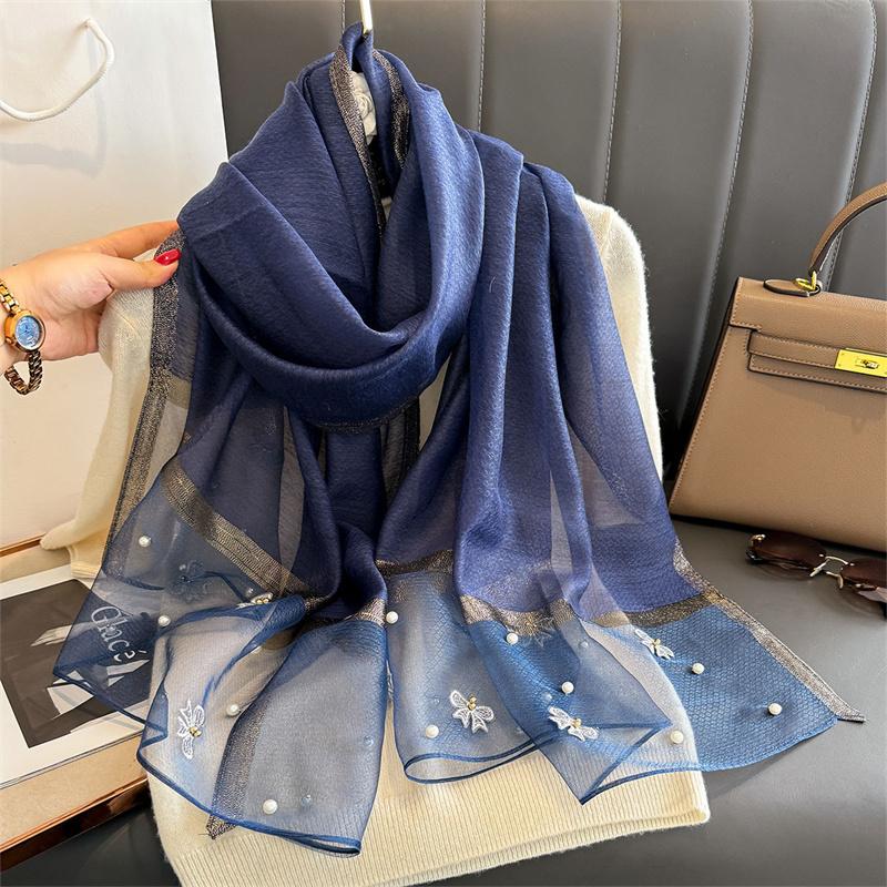 Floral Embroidery Silk Wool Scarf Luxury Women Hijab Female Foulard Pashmina Long Beach Stoles Shawl Wrap Scarves Bandana