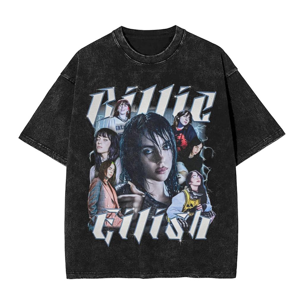 Singer BBillieGirl Eeilish Music Vintage Washed T Shirt Unisex Cotton Clothes Printed Round Neck Short Sleeve