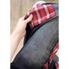 Women's High Waist Red Plaid Patchwork Wide Leg Jeans - Retro Loose Slimming Mop Pants for Spring/Summer