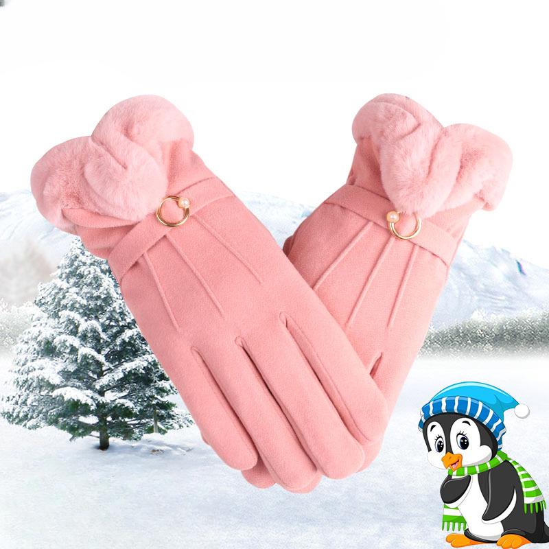 Warm Gloves for Autumn and Winter Women's Plus Velvet Thickened Cute Hairy Mouth Student Cold Proof Outdoor Cycling Touch Screen Gloves