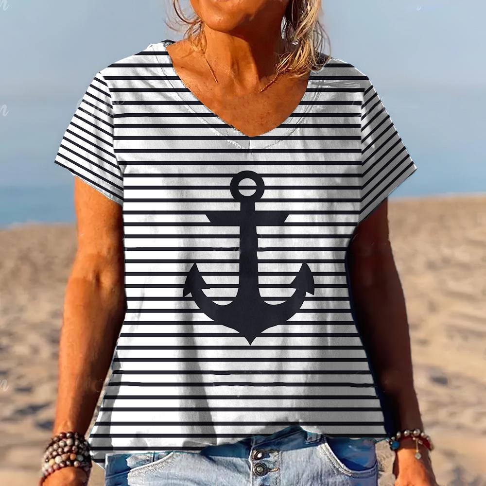 Summer Striped Anchor 3D Print T-Shirts Women V-Neck Short Sleeve T Shirt Y2k Harajuku Tees Casual Loose Tops Female Clothing