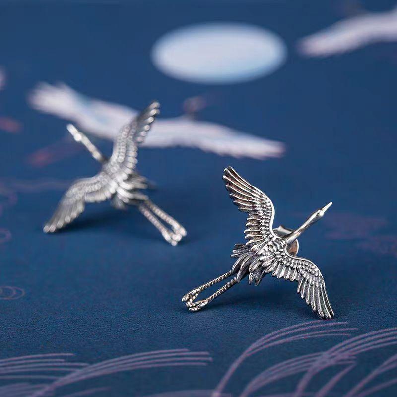 Yunzhiyu Yu Shuxin Yunwei Shirt with the Same Earrings, National Style, Crane Stud Earrings, Niche Design Sense of Old Earrings